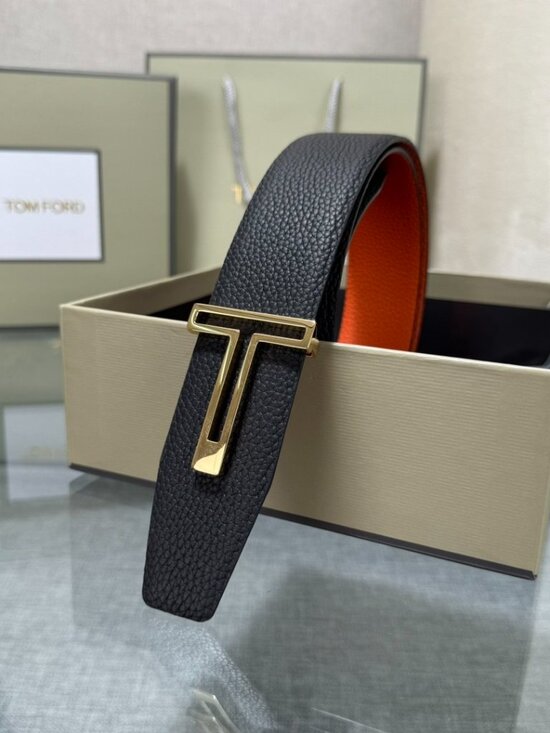 Tom Ford Reversible Black Pebble Leather Orange Lining Gold T Logo Buckle Dress